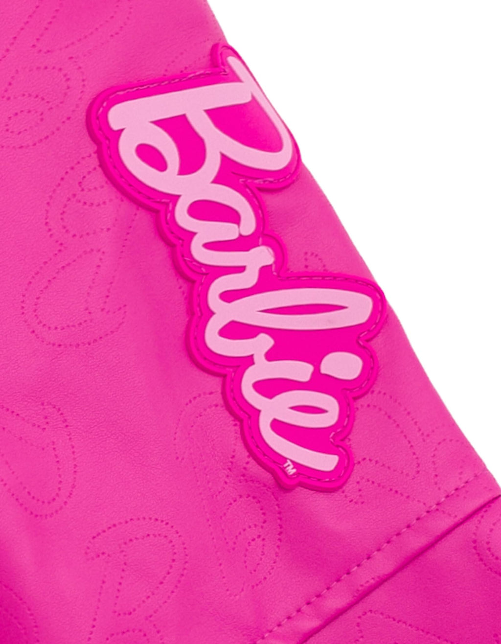Chaqueta Moto Barbie Oficial | Cuero Sintético Iridiscente + Cremallera Asimétrica + Patrón “B” Grabado | Niña Fucsia (4-16T)