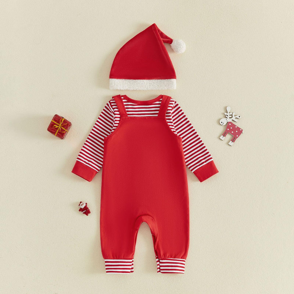 My 1st Christmas Santa | Conjunto Bebé Niño Mameluco Rayas Rojo + Peto Rojo Papa Noel + Gorro Navidad
