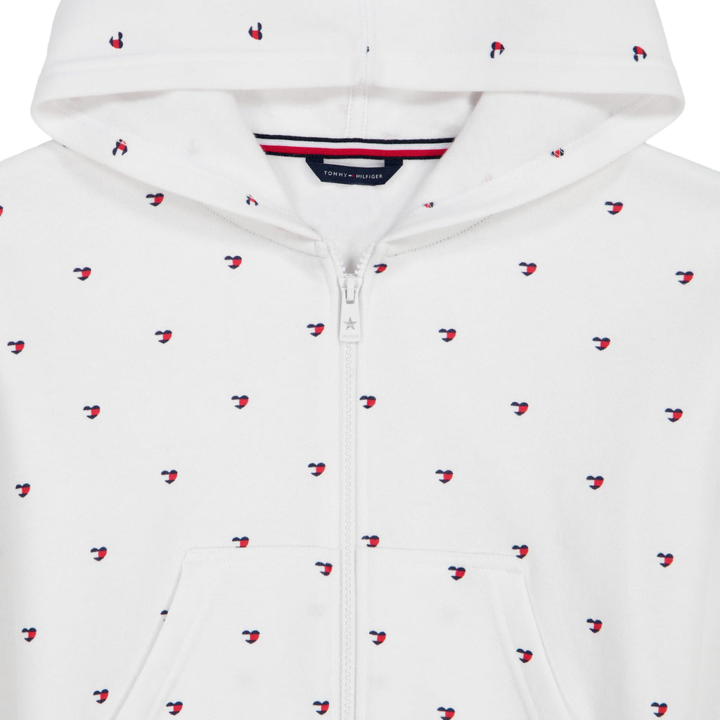 Hoodie Full-Zip Tommy Hilfiger | Fleece Gamuza Blanco Estampado Corazones Bandera TH | Niña (7T Y 12-14T)