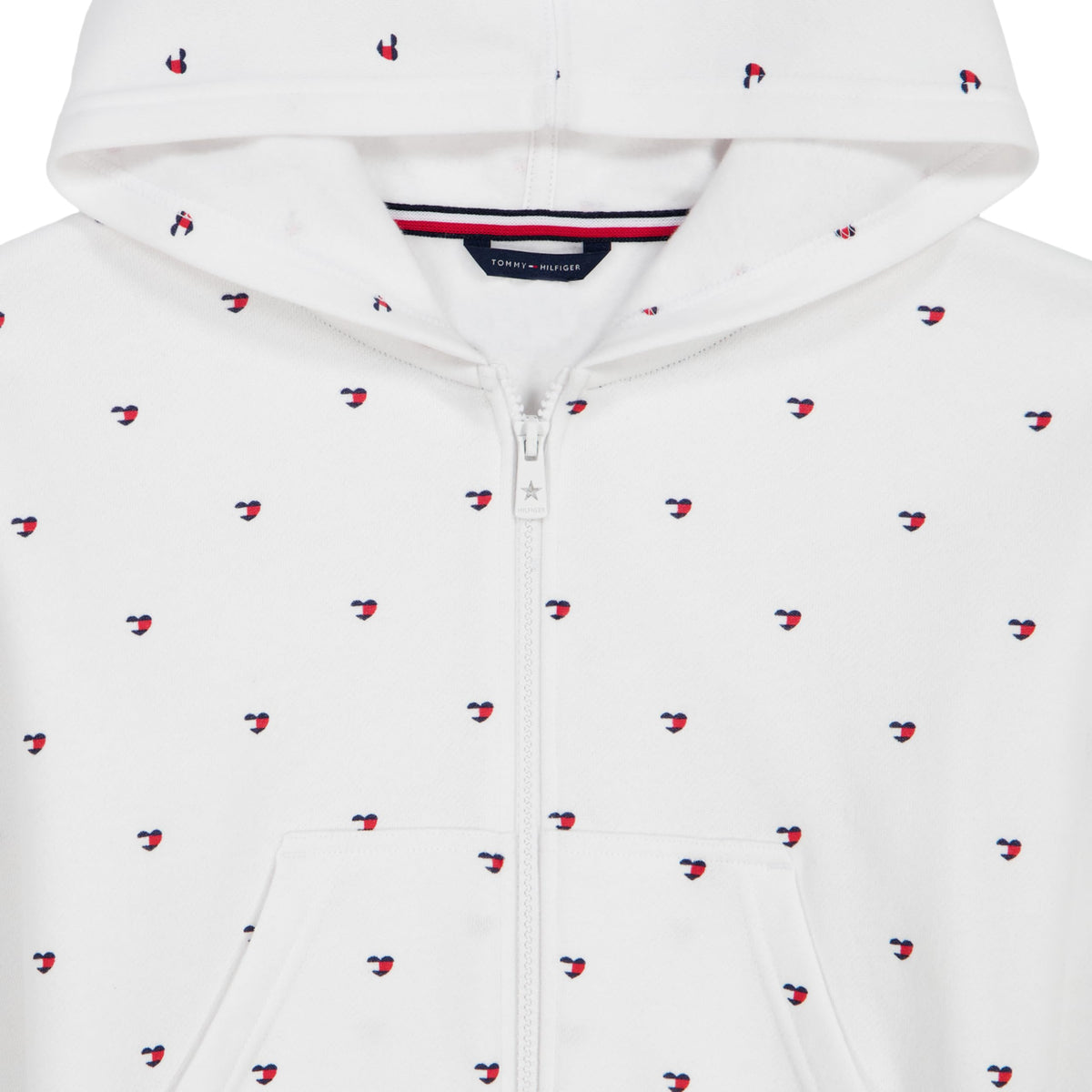 Hoodie Full-Zip Tommy Hilfiger | Fleece Gamuza Blanco Estampado Corazones Bandera TH | Niña (7T Y 12-14T)