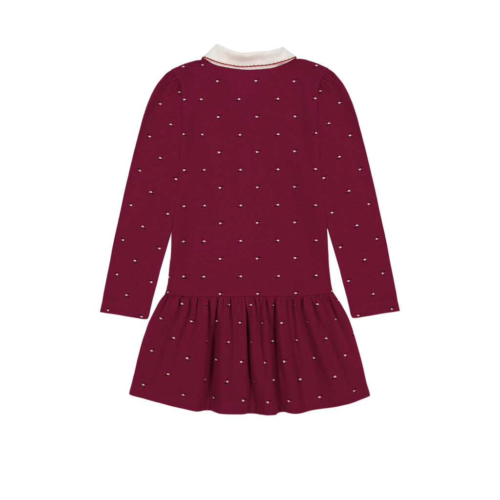 Tommy Hilfiger Vestido Polo Piqué Niña | Rojo Remolacha Estampado Mini Logo TH • Cuello Peter Pan
