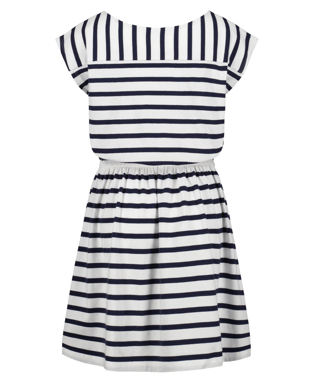 Tommy Hilfiger Vestido Jersey Rayas Niña | Navy/Blanco • Cuello Barco • Manga Casquillo • Bandera TH • Cintura Elástica