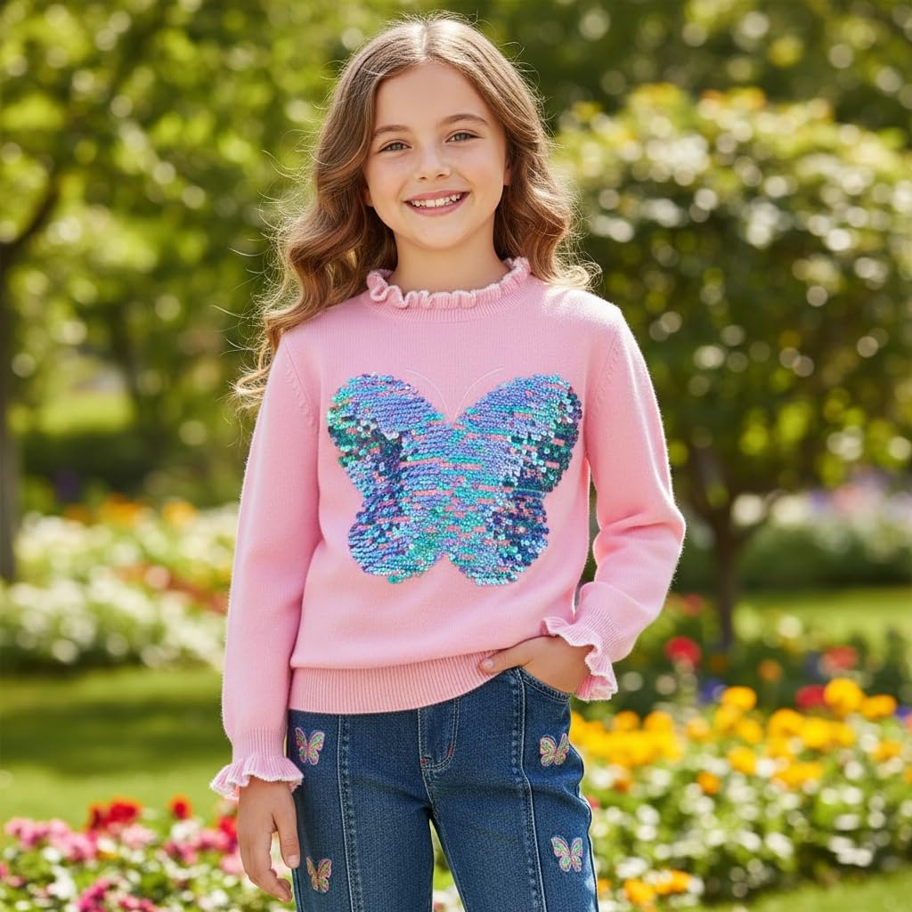 Conjunto 2 Piezas para Niña: Suéter Rosa Mariposa de Lentejuelas Holográficas y Jeans Jogger con Mariposas Bordadas