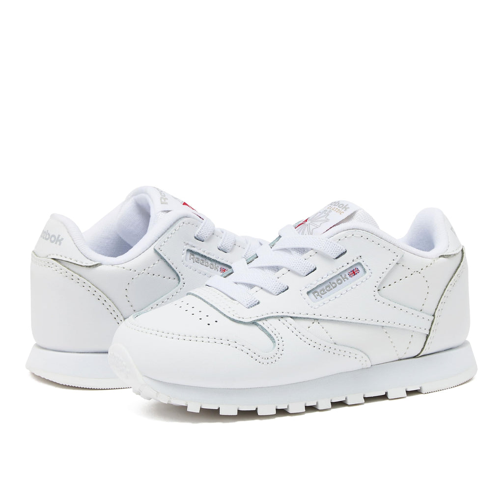 Reebok  -Tenis Casuales de Piel Reebok Classic Leather con Cordones para Niños (Blanco/Blanco) (Talla 20 - 26)