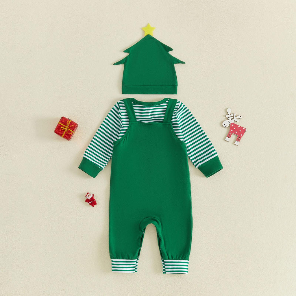 My 1st Christmas Arbolito | Conjunto Bebé Niño Mameluco Rayas Verde + Peto + Gorro Arbolito