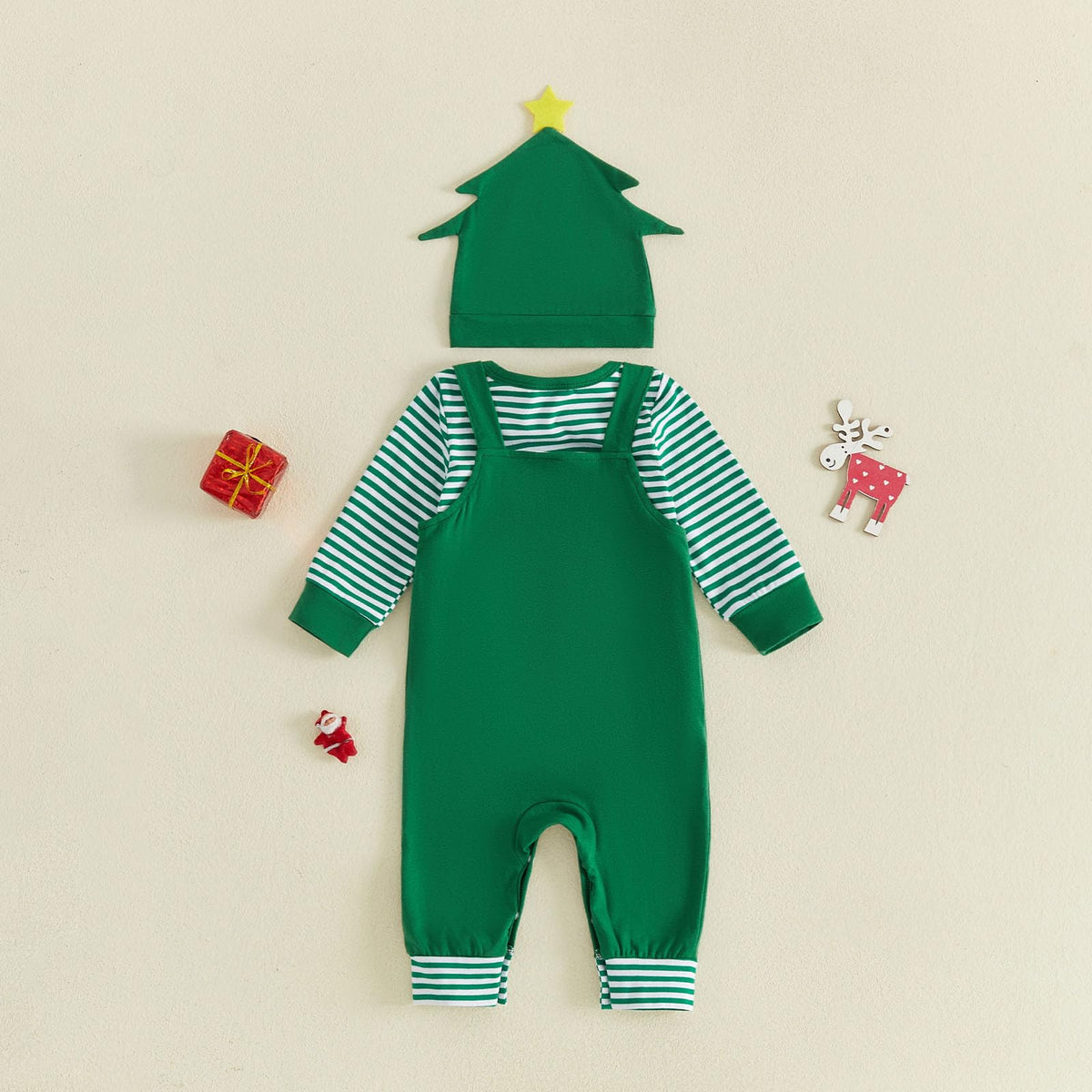My 1st Christmas Arbolito | Conjunto Bebé Niño Mameluco Rayas Verde + Peto + Gorro Arbolito