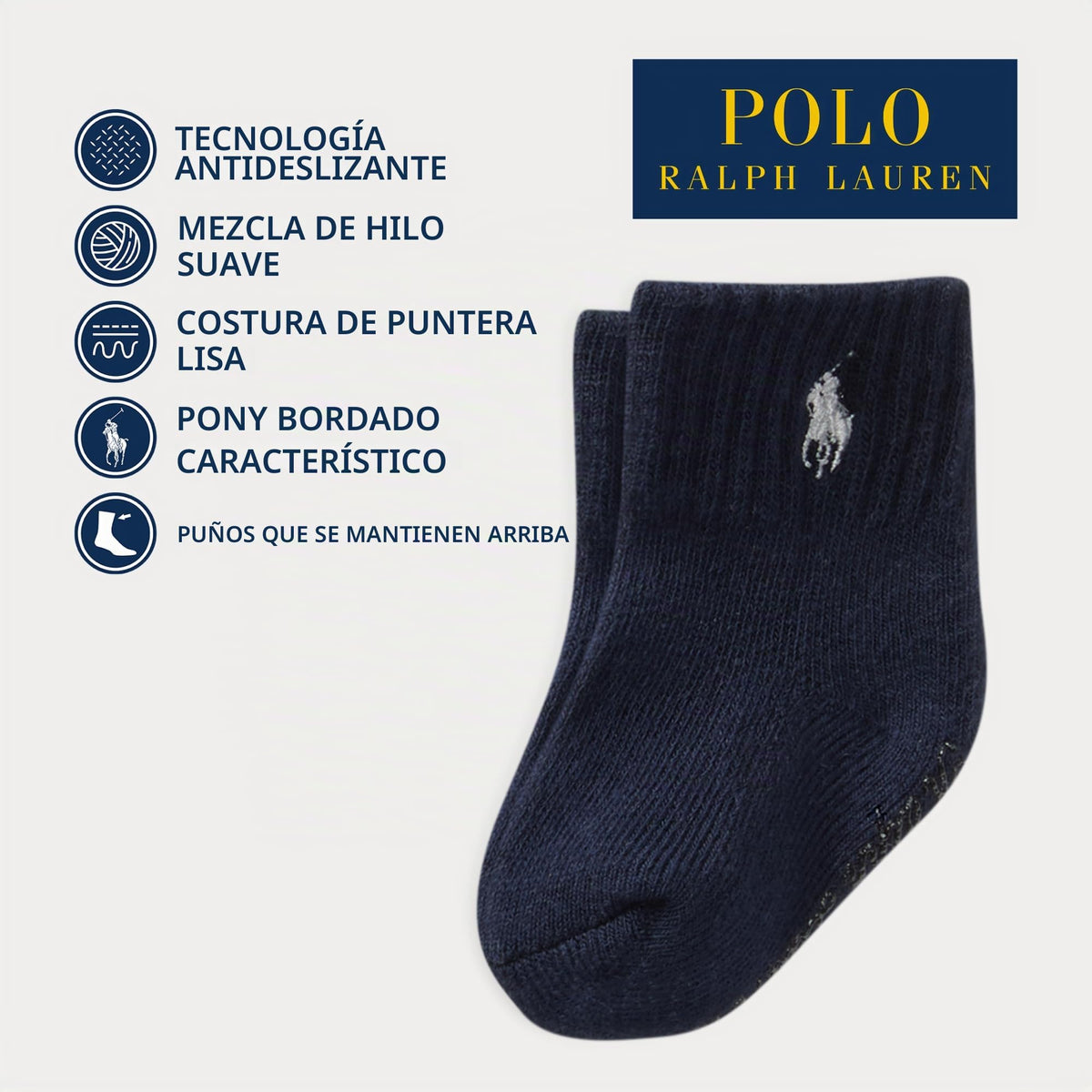 Polo Ralph Lauren | Calcetines Bebé Pack 6 Algodón Pony Bordado Stay-Up Tobillero Gris Blanco Marino 0-24 Meses