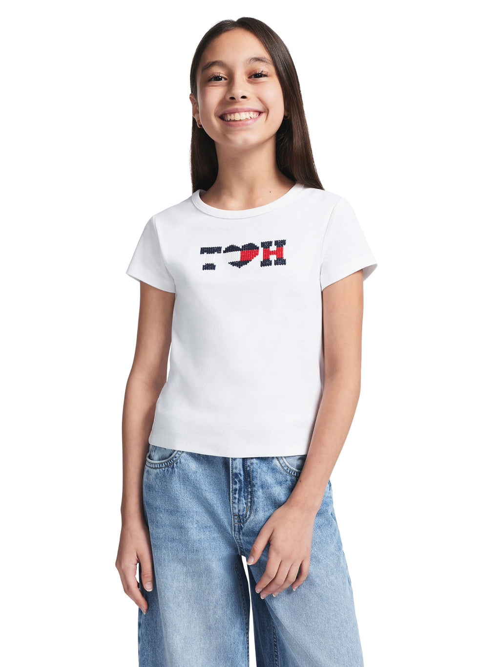 Tommy Hilfiger | Camiseta Nina Manga Corta | 100% Algodon | Cuello Redondo | Monograma T♥H Lentejuelas Navy + Rojo | Corte Ajustado | Blanco (7 - 16T)