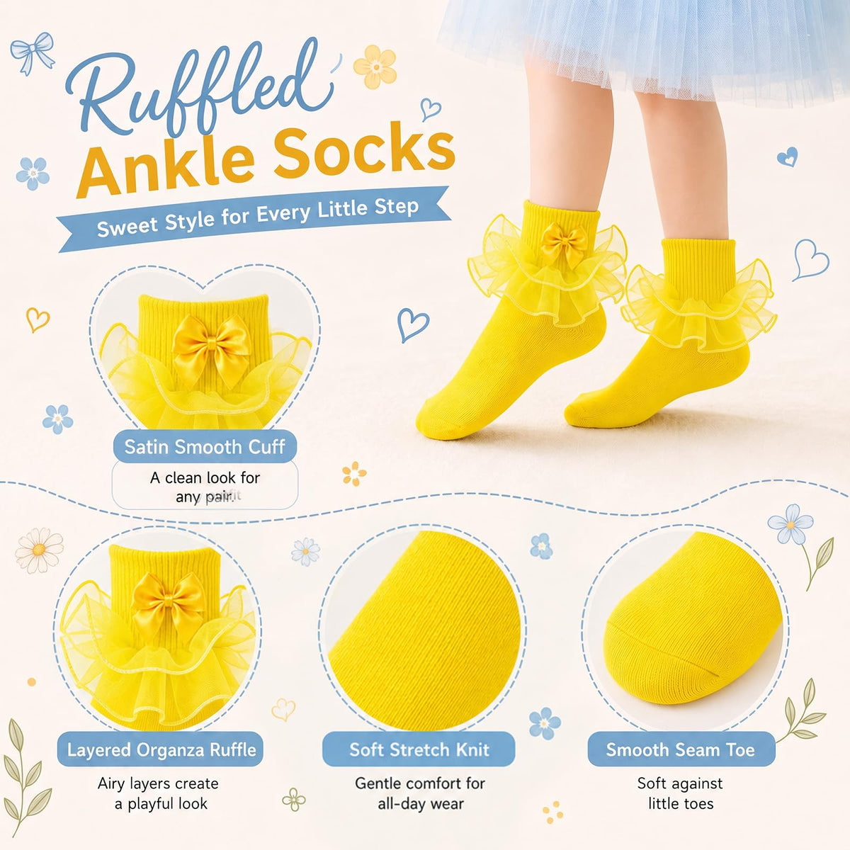 Calcetines Nina Pack 3 Pares Volantes Encaje Tutu Doble Capa Lazo Cinta 3D Verde Amarillo Naranja Organza Princesa Verano Halloween (1 - 10T)