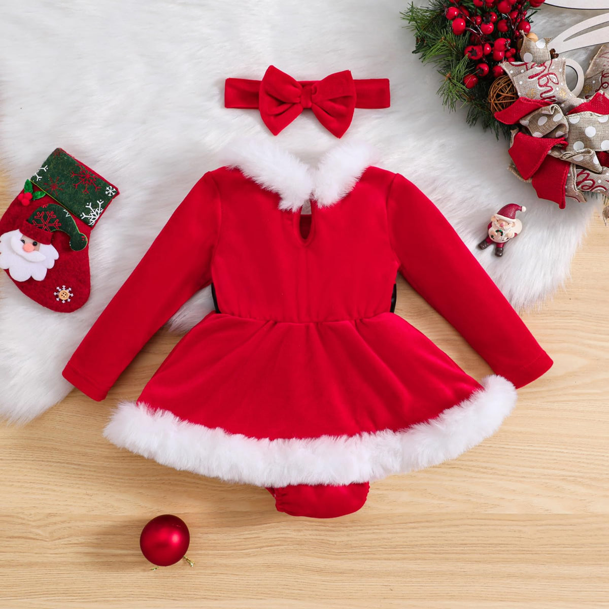 Bonangber | Vestido Navideño Terciopelo Rojo Papá Noel Bebé Niña