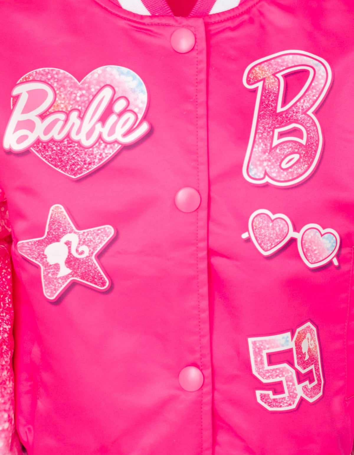 Chaqueta Bomber Varsity Barbie Oficial | Mangas Purpurina Degradada + 5 Parches Glitter + Satén Rosa | Niña Glam (4-16T)