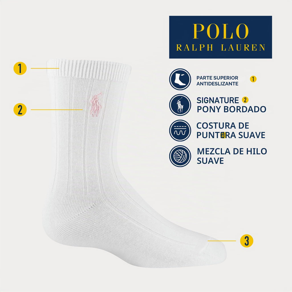 Polo Ralph Lauren | Calcetines Niña Pack 3 Pares Crew Acanalado Algodón Sostenible Poni Bordado Rosa Blanco Negro (Talla 4T - 20T))