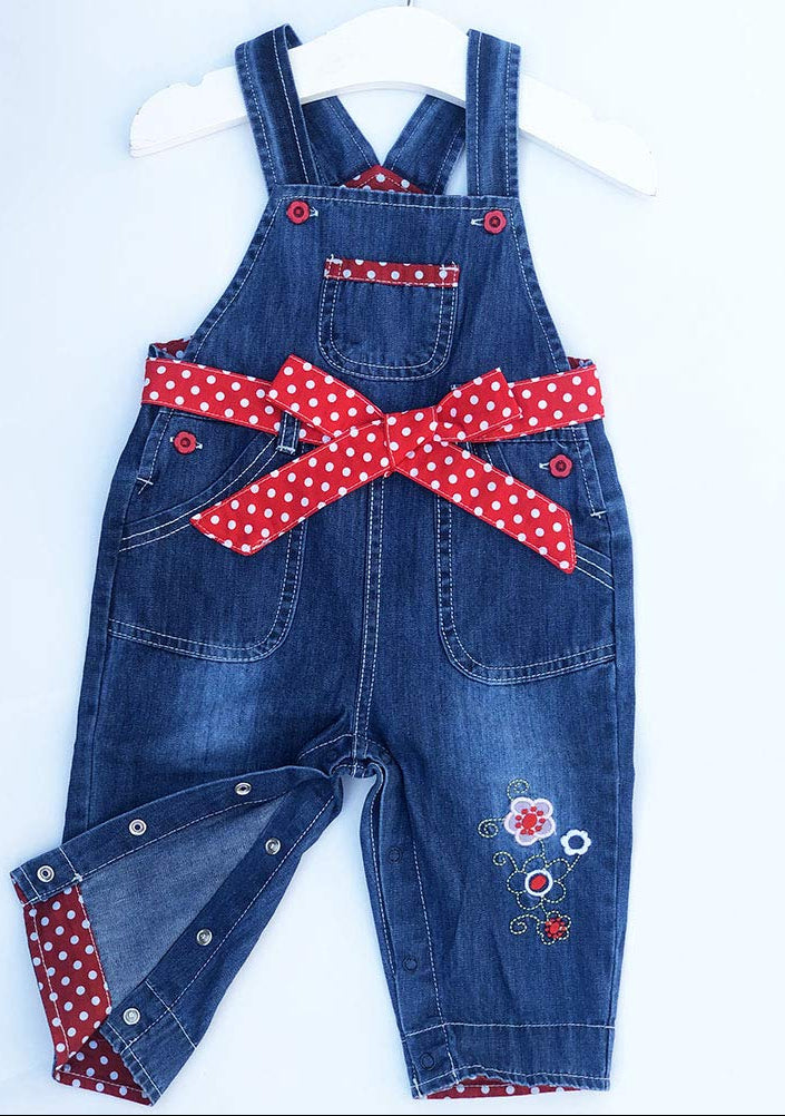 Overol Peto de Mezclilla Peacolate | Lazo + Ribete Rojo Lunares + Flor Bordada | Denim | Niña/Bebé (3M-3A)