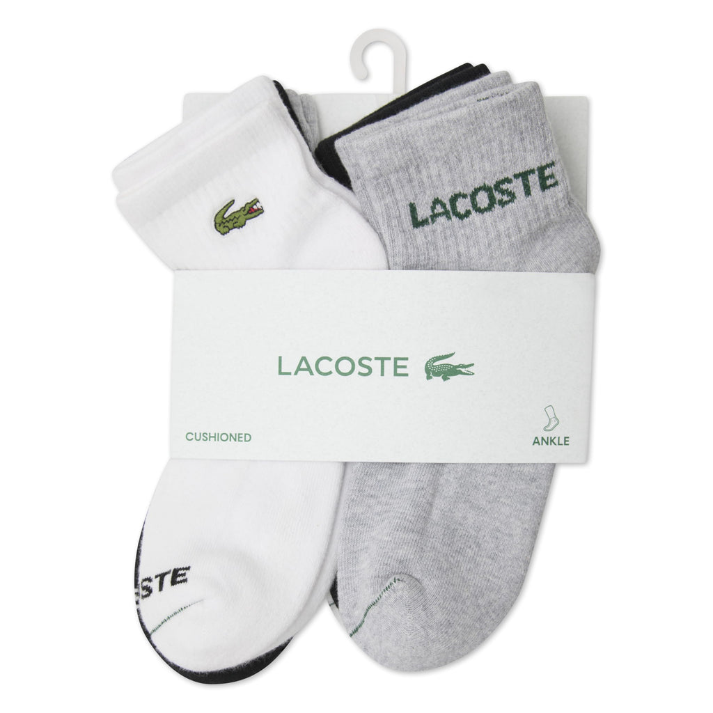 Lacoste | Calcetines Niño Unisex Pack 6 Pares Tobillo Ankle Punto Algodón Orgánico Cocodrilo Bordado Blanco Negro Gris (4-20T)