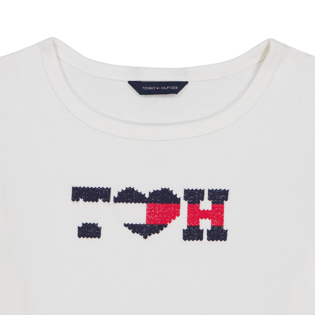 Tommy Hilfiger | Camiseta Nina Manga Corta | 100% Algodon | Cuello Redondo | Monograma T♥H Lentejuelas Navy + Rojo | Corte Ajustado | Blanco (7 - 16T)