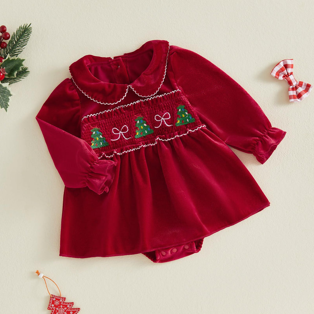 Christmas Velvet Baby | Mameluco Vestido Terciopelo Rojo Bebé Niña + Cuello Peter Pan + Bordado Arbolitos