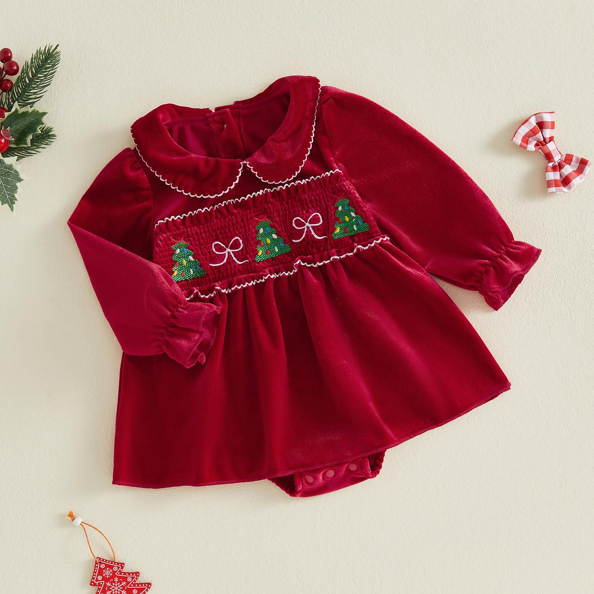 Christmas Velvet Baby | Mameluco Vestido Terciopelo Rojo Bebé Niña + Cuello Peter Pan + Bordado Arbolitos