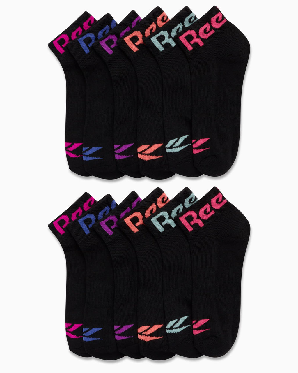 Reebok | Calcetines Niña Pack 12 Pares Quarter Deportivos Negro Logo Multicolor Absorbe Humedad Sin Costuras Talón Acolchado (4-12T)