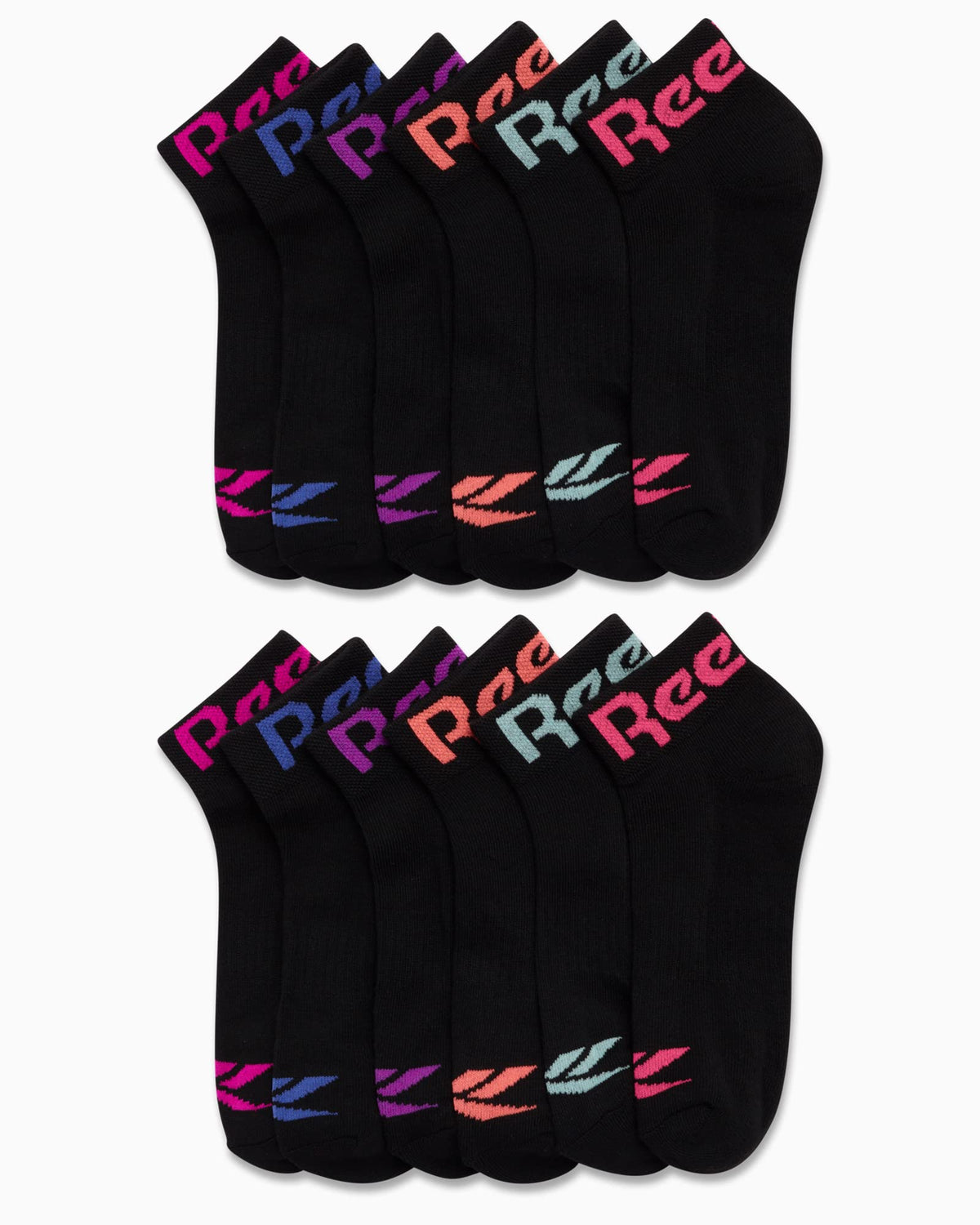 Reebok | Calcetines Niña Pack 12 Pares Quarter Deportivos Negro Logo Multicolor Absorbe Humedad Sin Costuras Talón Acolchado (4-12T)