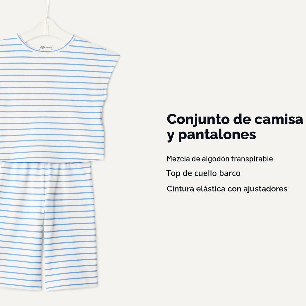 Conjunto Camiseta + Pantalón Piqué | Amazon Essentials x Sofia Grainge | Rayas Azul/Blanco | Niña/Bebé  (0M - 24M)