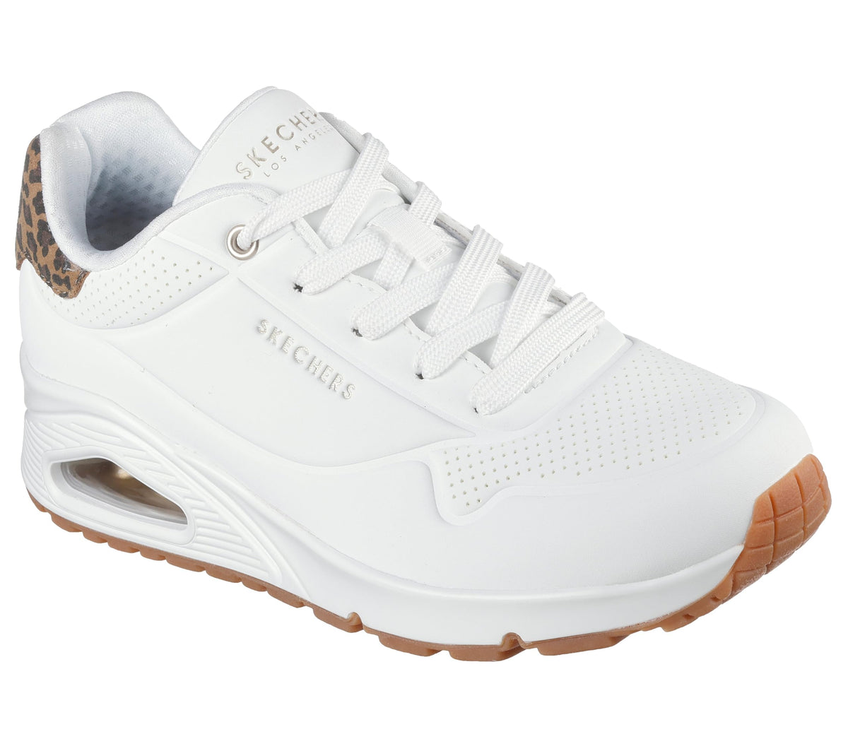 Skechers - Tenis Deportivos de Moda Uno - Jungle Nite con Amortiguación de Aire y Detalle de Leopardo para Mujer (Blanco/Leopardo) (Talla Adulta 35, 38,39,40, y 41)