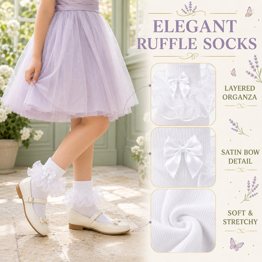 Calcetines Nina Volantes Encaje Tutu Doble Capa Lazo Cinta 3D Blanco Algodon Organza Princesa Uniforme Comunion Boda  (1 - 10T)
