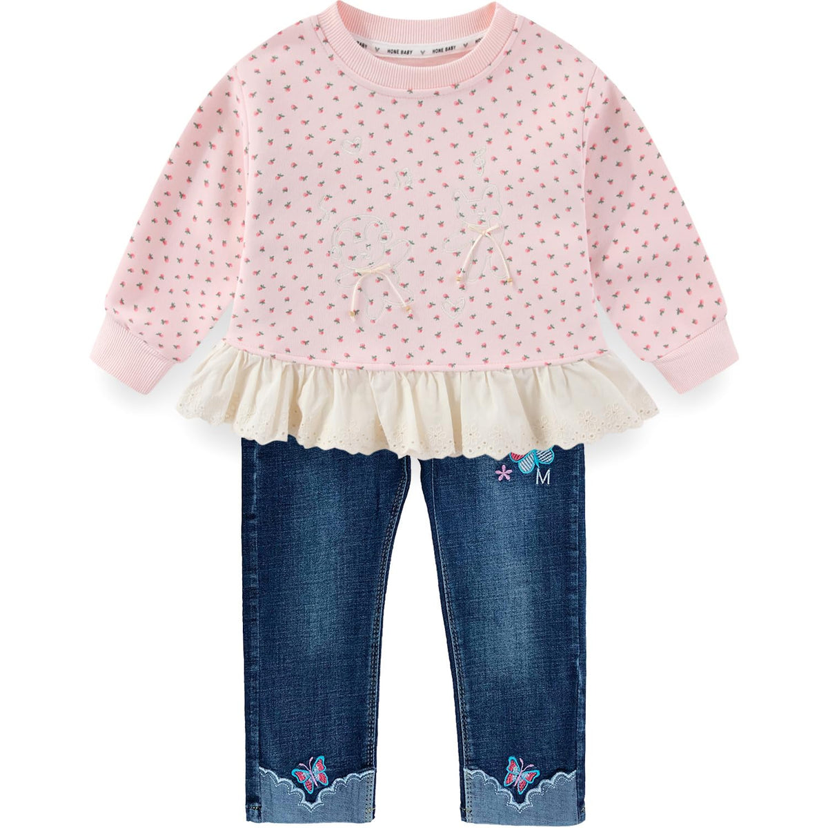 Conjunto 2 Piezas para Niña: Sudadera Rosa Floral con Encaje Peplum y Jeans con Mariposas Bordadas y Encaje