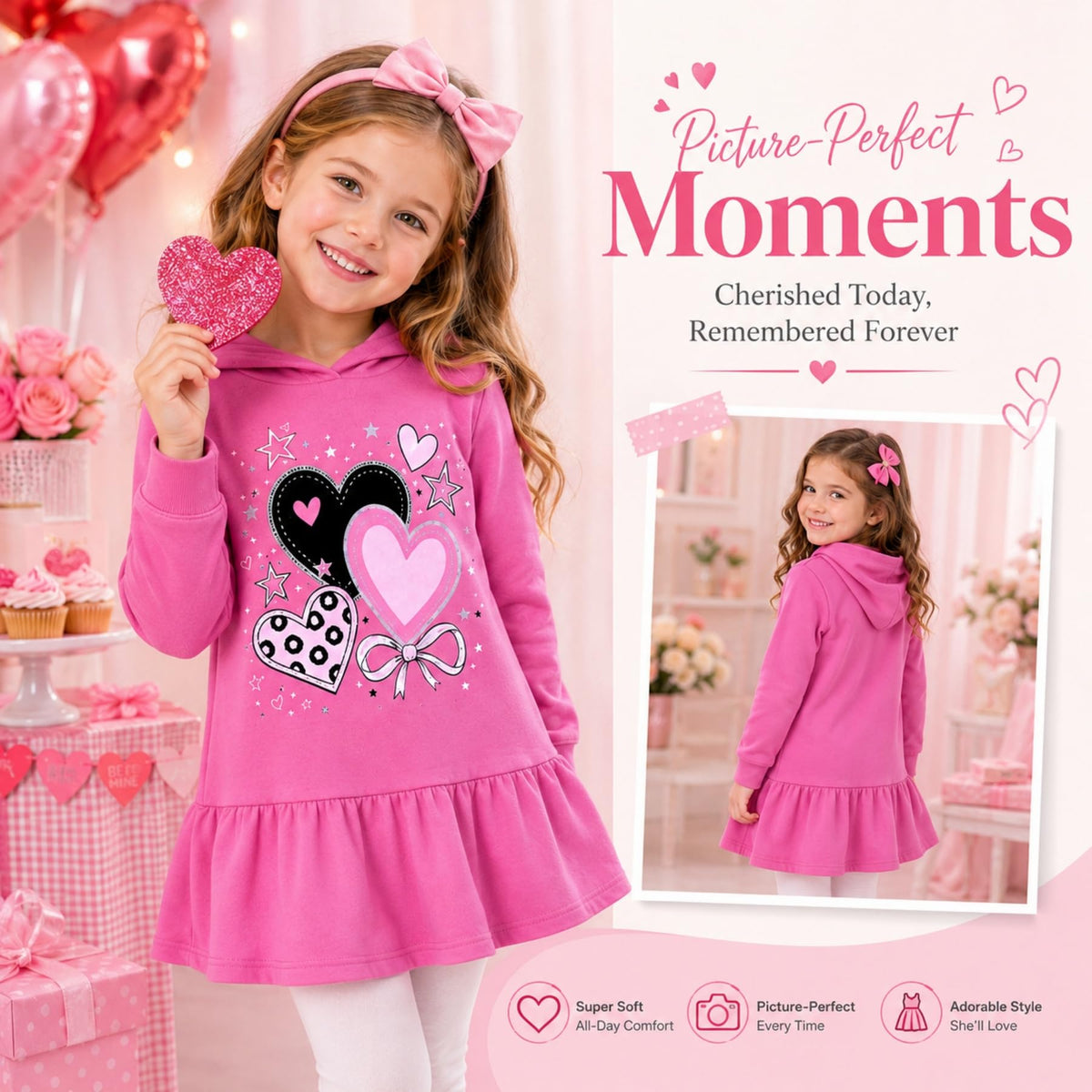 Vestido Hoodie de Corazones para Niñas – Manga Larga Rosa Fucsia con Volante, Algodón (3 - 12T)