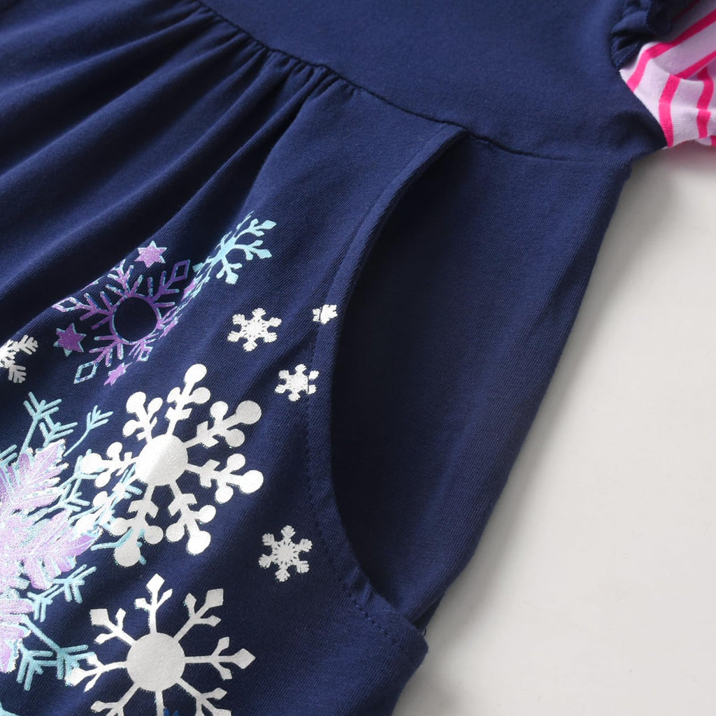 Vestido Niña DXTON | 95% Algodón + Copos de Nieve Multicolor + Manga Flutter Rayas Rosa/Navy | Navy/Rosa Navidad (3-8 Años)