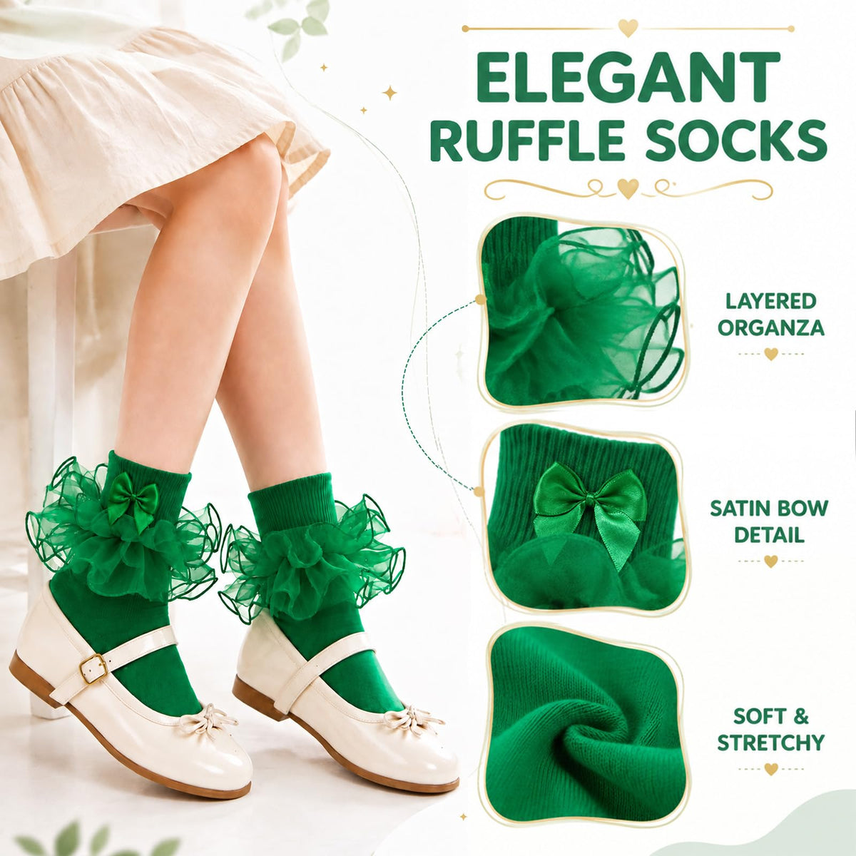 Calcetines Nina Volantes Encaje Tutu Doble Capa Lazo Cinta 3D Verde Esmeralda Algodon Organza Princesa Navidad San Patricio  (1 - 10T)