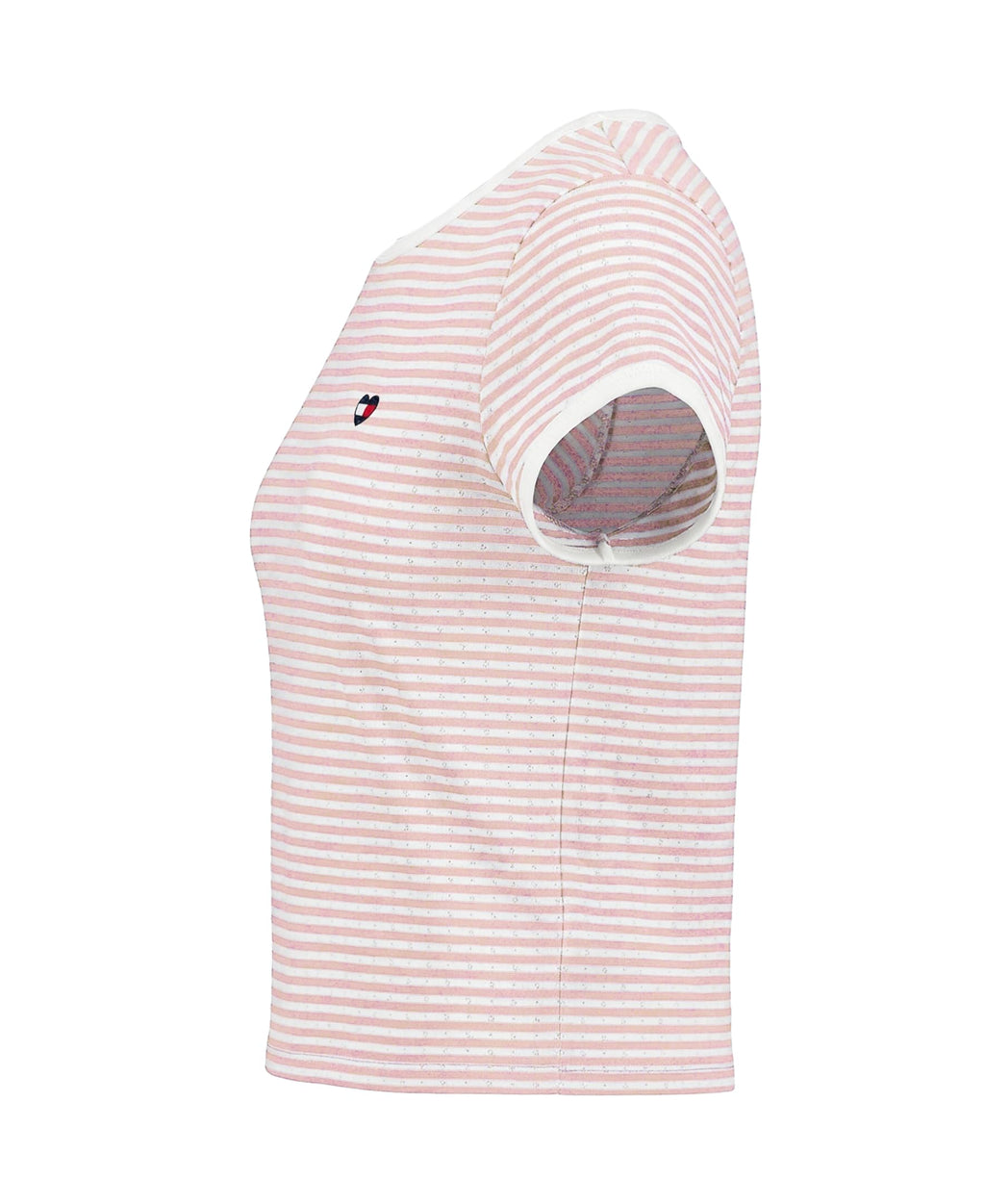 Tommy Hilfiger | Camiseta Nina Manga Corta | Rayas Rosa Palo + Blanco | Cuello Contrastante Blanco | Logo Bandera TH Corazon Bordado | Manga Enrollada | Corte Relaxed  (Solo 8-10T)