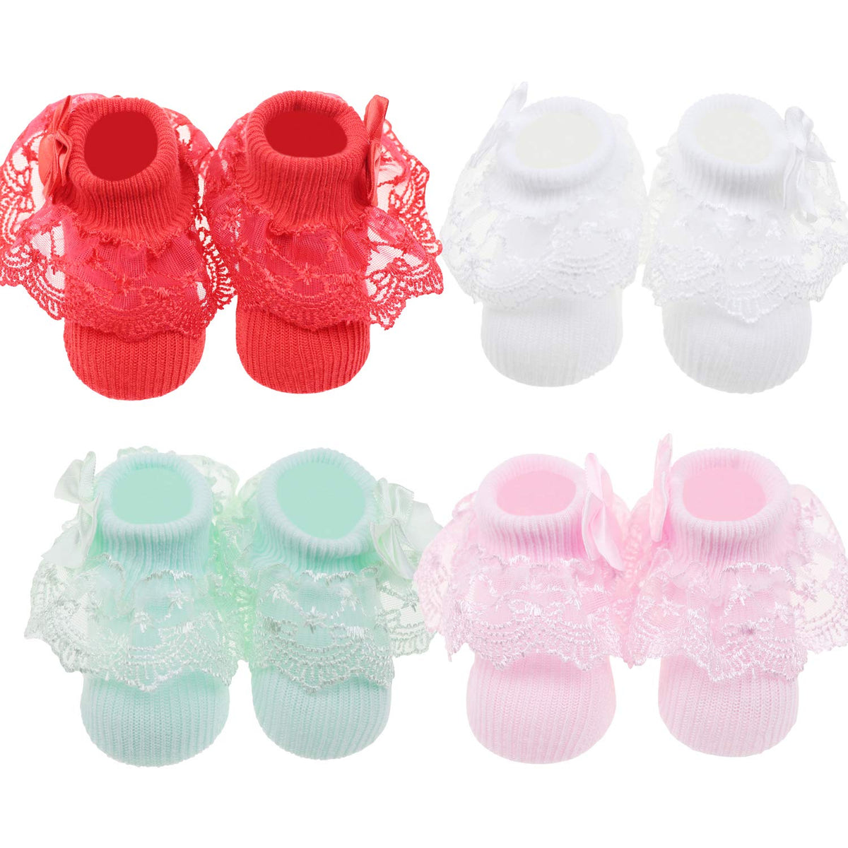 Calcetines Bebé Niña Pack 4 Algodón Canalé Encaje Volante Lazo Satín Rojo Blanco Menta Rosa