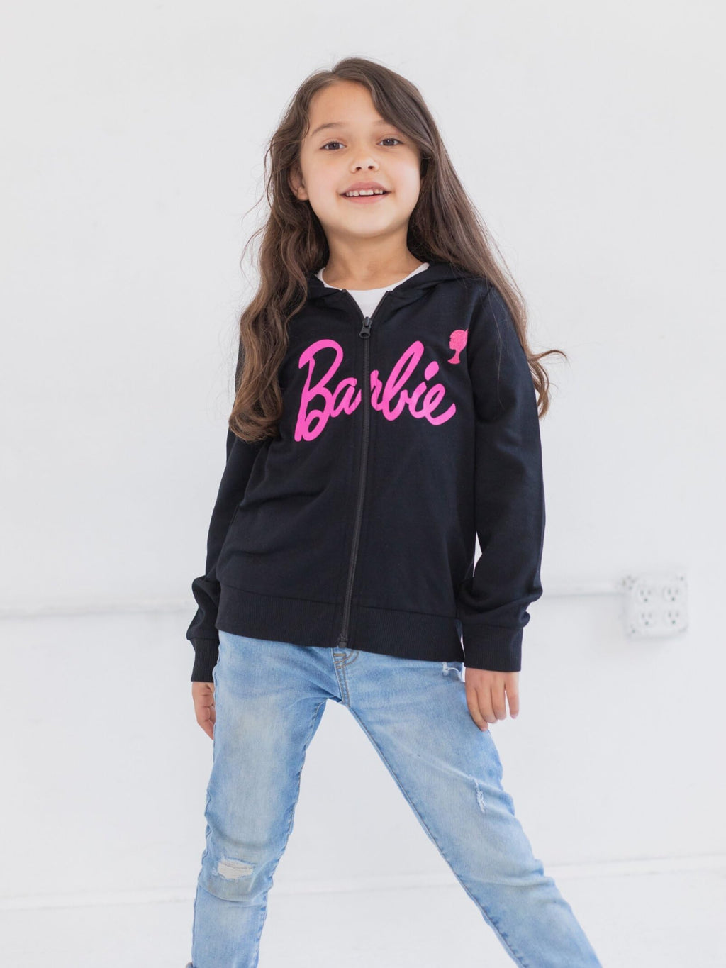 Sudadera con Capucha y Cremallera Barbie Oficial | Negro + Logo Fucsia + 60% Algodón | Niña Minimalista (2T - 16T)