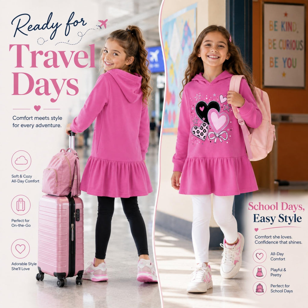 Vestido Hoodie de Corazones para Niñas – Manga Larga Rosa Fucsia con Volante, Algodón (3 - 12T)
