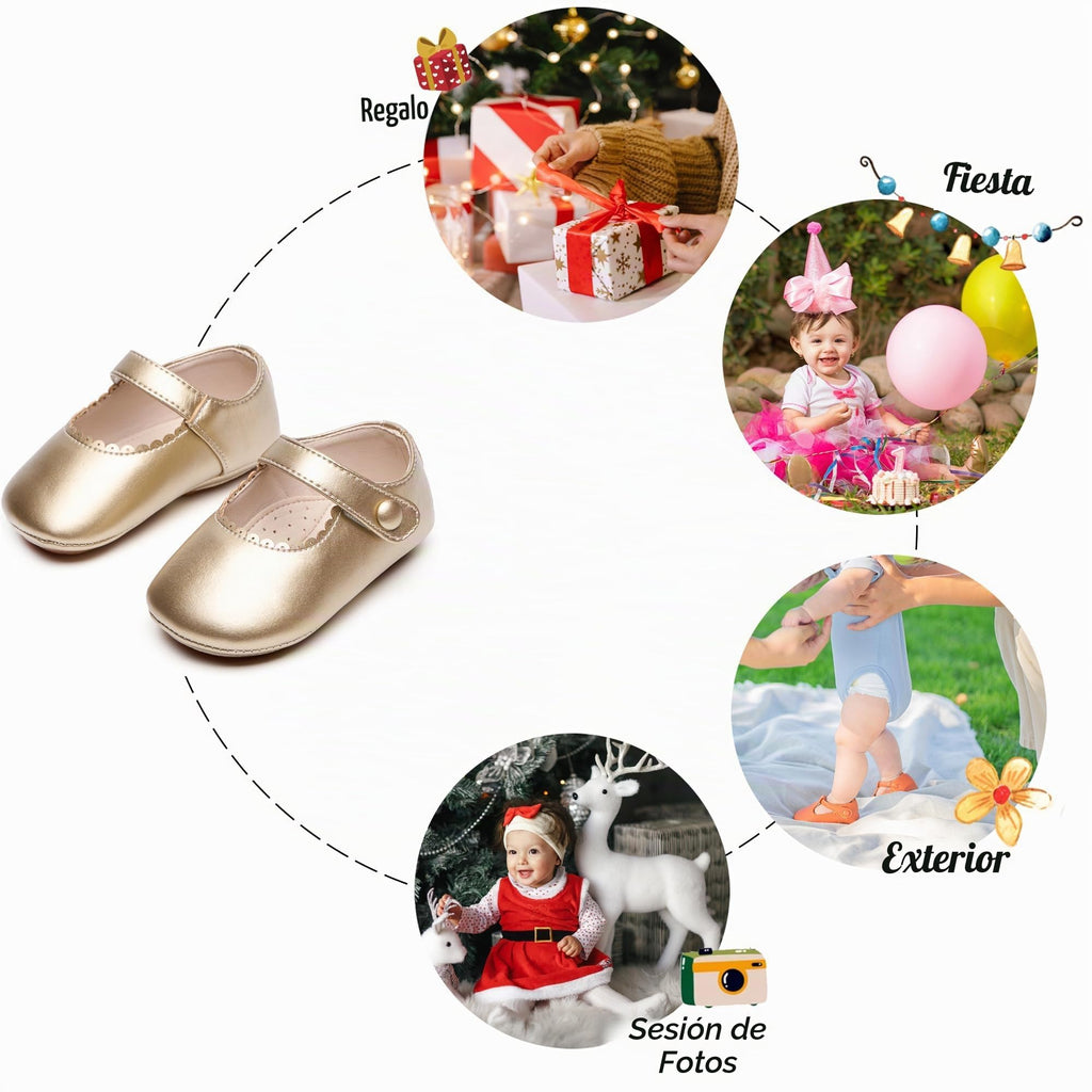 Zapatos de Vestir Antideslizantes de Suela Suave con Velcro para Bebé (Dorado) – Félix & Flora