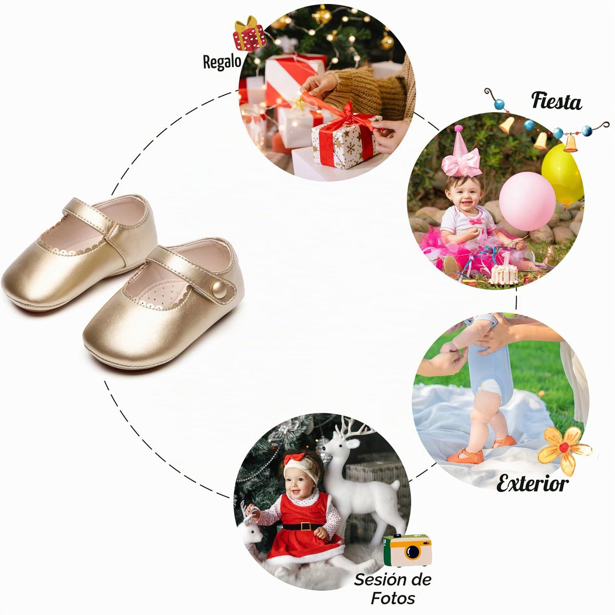 Zapatos de Vestir Antideslizantes de Suela Suave con Velcro para Bebé (Dorado) – Félix & Flora