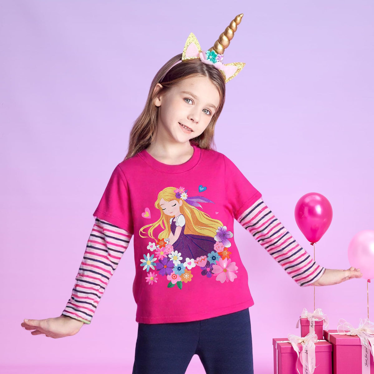 Top de Manga Larga con Princesa Floral para Niñas – Rosa Fucsia a Rayas, Algodón  (2-10 Años )