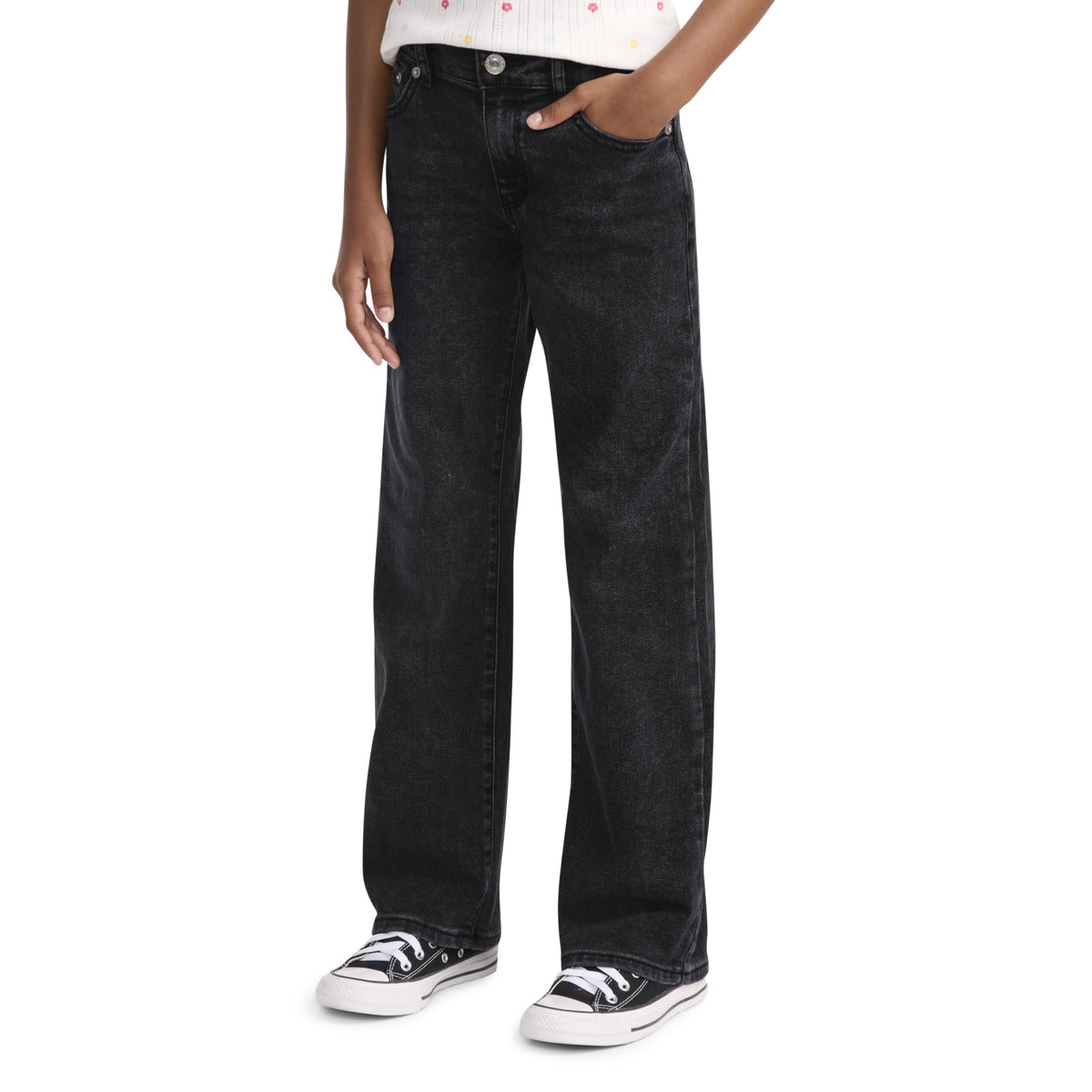 Jean Wide Leg Tiro Alto Levi's | Negro Carbón Lavado + Costuras Plateadas + Tableta Roja | Niña (4T - 16T)