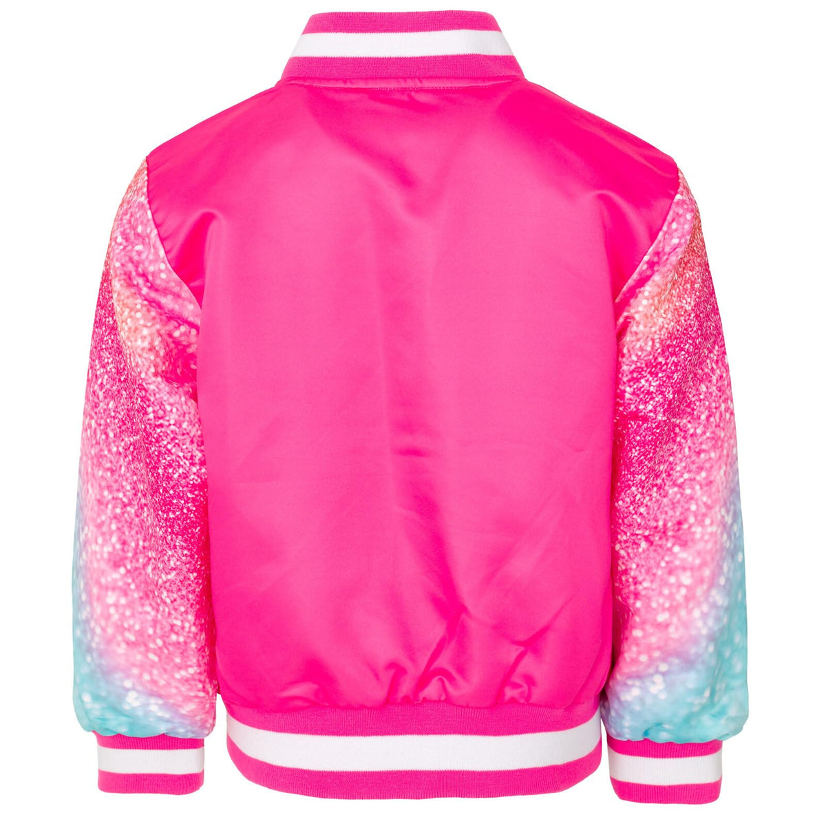 Chaqueta Bomber Varsity Barbie Oficial | Mangas Purpurina Degradada + 5 Parches Glitter + Satén Rosa | Niña Glam (4-16T)