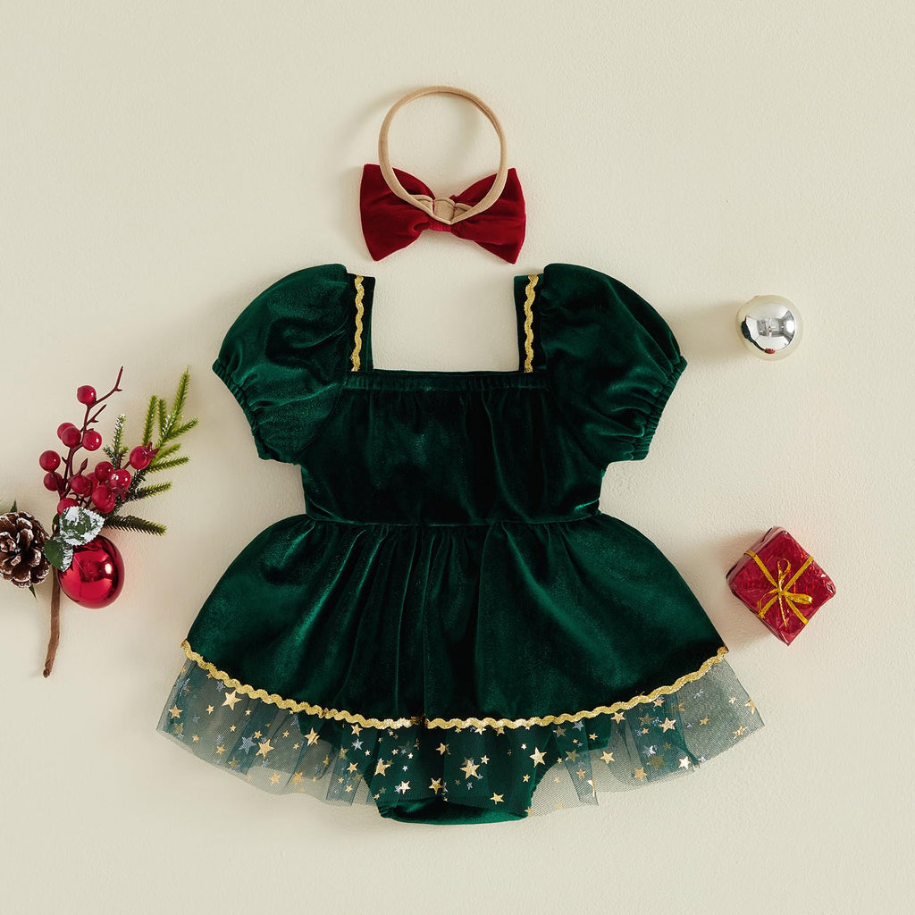 Mameluco Navideño de Terciopelo con Lazo y Tul Estrellas Bebé Niña - Verde