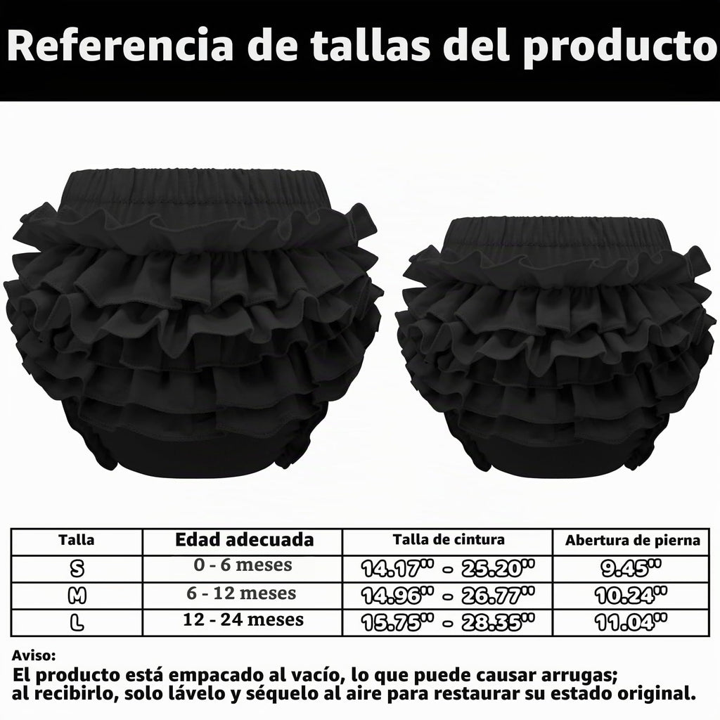Olreco | Bloomer Bebé Niña Volantes Escalonados 100% Algodón Cintura Elástica Negro Halloween Fiesta 0-24 Meses
