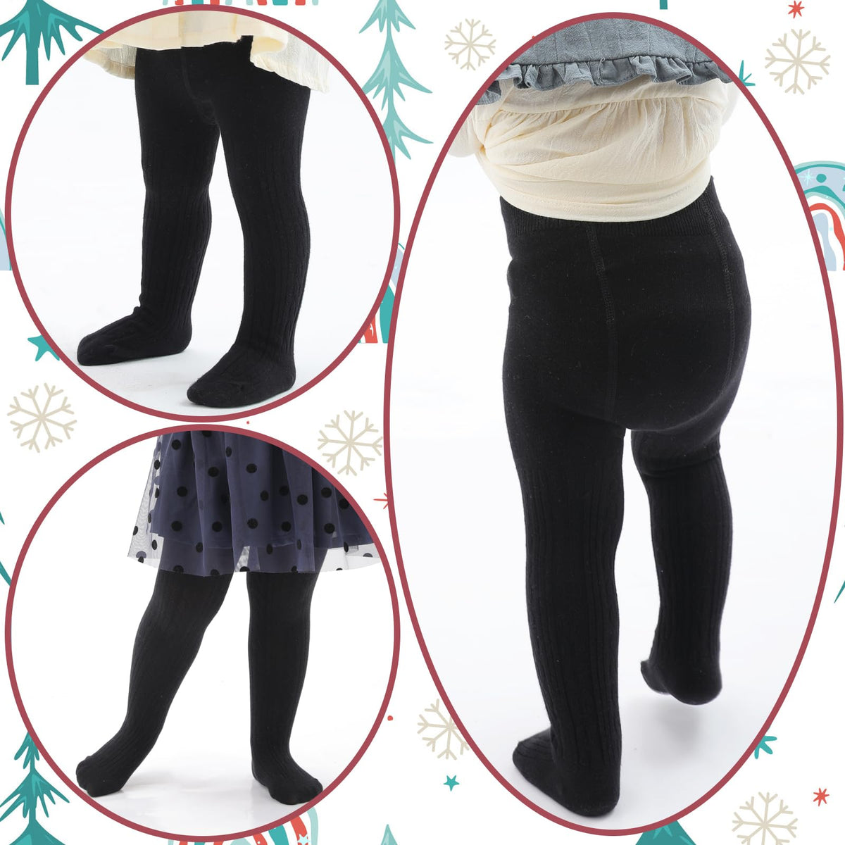 Pack 3 Mallas Punto Trenzado Cable Knit Mini Angel | Sin Costura + Algodón Peinado + Negro Blanco Rosa | Bebé Niña 0-6 Años