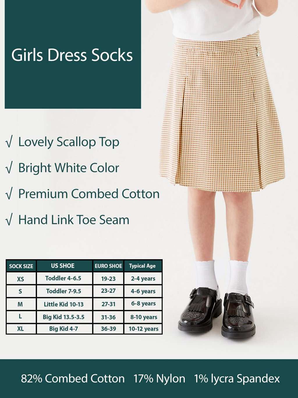 Cotton Day | Calcetines Niña Pack 5 Pares Festoneados Scallop Top Elegantes Blanco Algodón Peinado Oeko-Tex Puntera Sin Costuras (2 - 12T)
