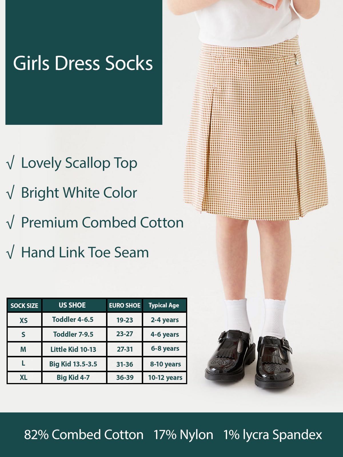 Cotton Day | Calcetines Niña Pack 5 Pares Festoneados Scallop Top Elegantes Blanco Algodón Peinado Oeko-Tex Puntera Sin Costuras (2 - 12T)