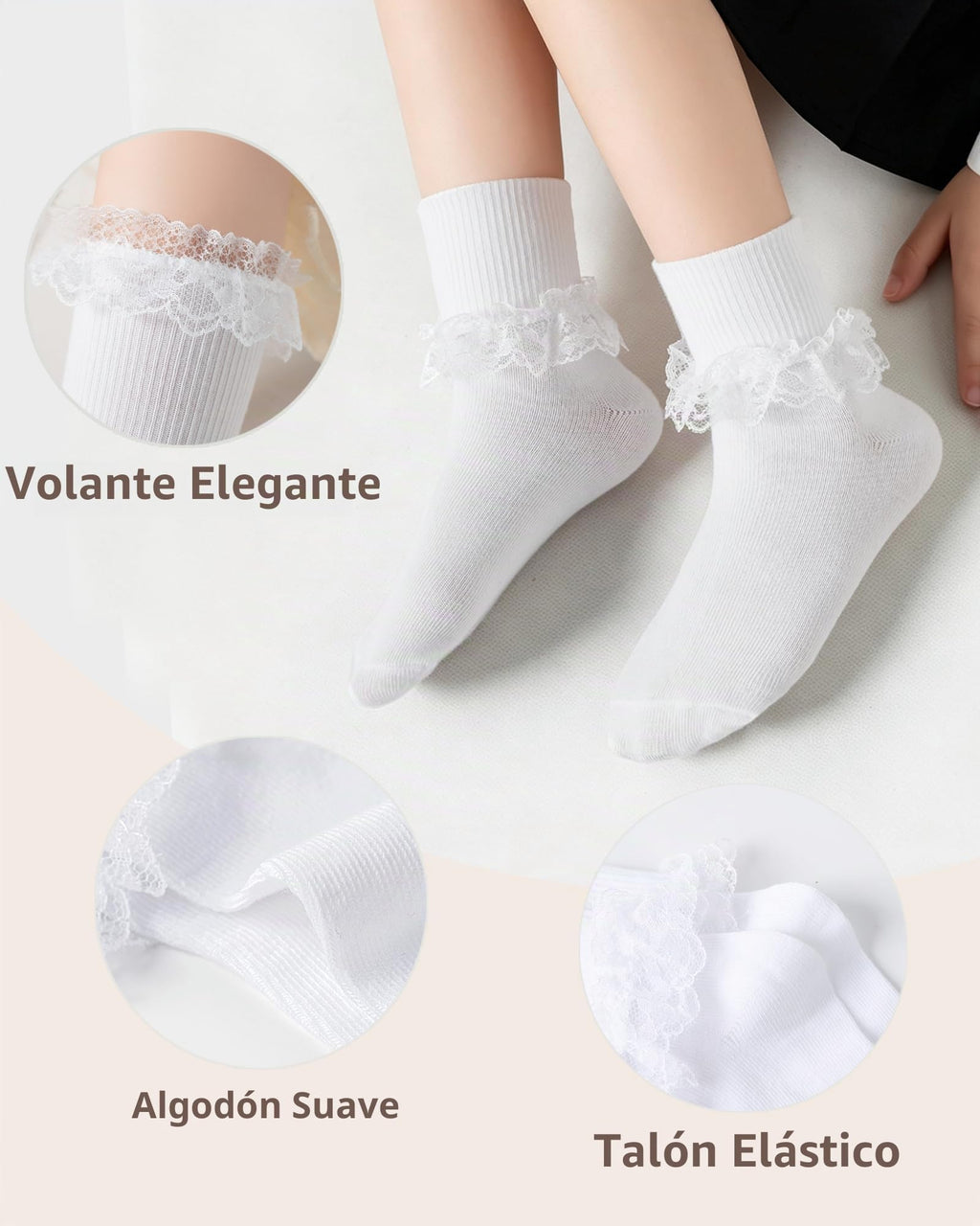 Funjoon | Calcetines Nina Pack 3 Pares Volantes Encaje Bordado Blanco Doble Uso Crew o Largo Costura Plana Uniforme Escolar Boda (2-10 T)