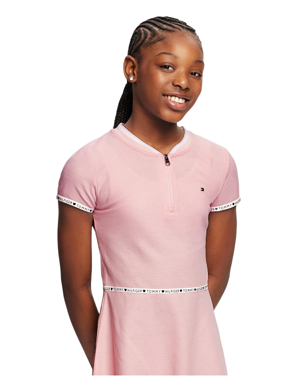 Tommy Hilfiger Vestido Camiseta Niña | Rosa + Cinta Logo Cintura • Media Cremallera