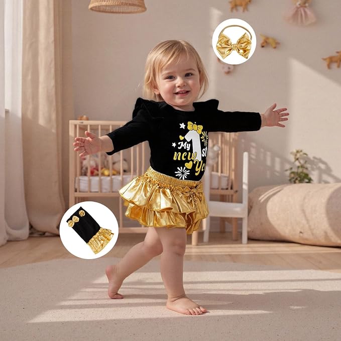My 1st New Year | Conjunto Bebé Niña Negro y Dorado + Falda Tutú + Medias + Diadema