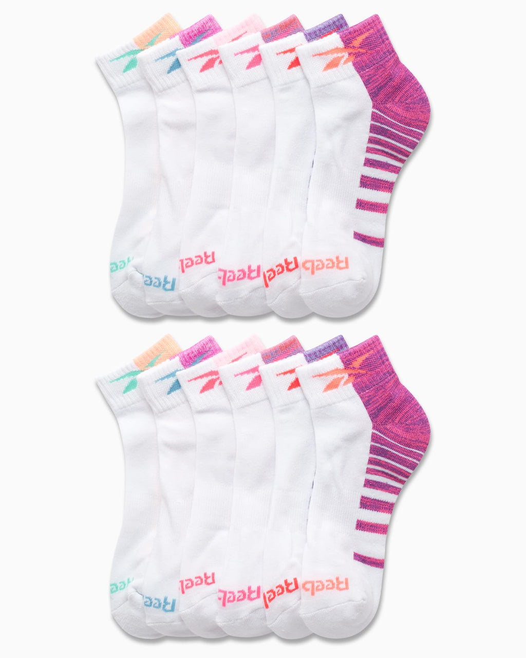 Reebok | Calcetines Niña Pack 12 Pares Quarter Deportivos Blanco Vector Multicolor Rosa Absorbe Humedad Sin Costuras Talón Acolchado (4-12T)
