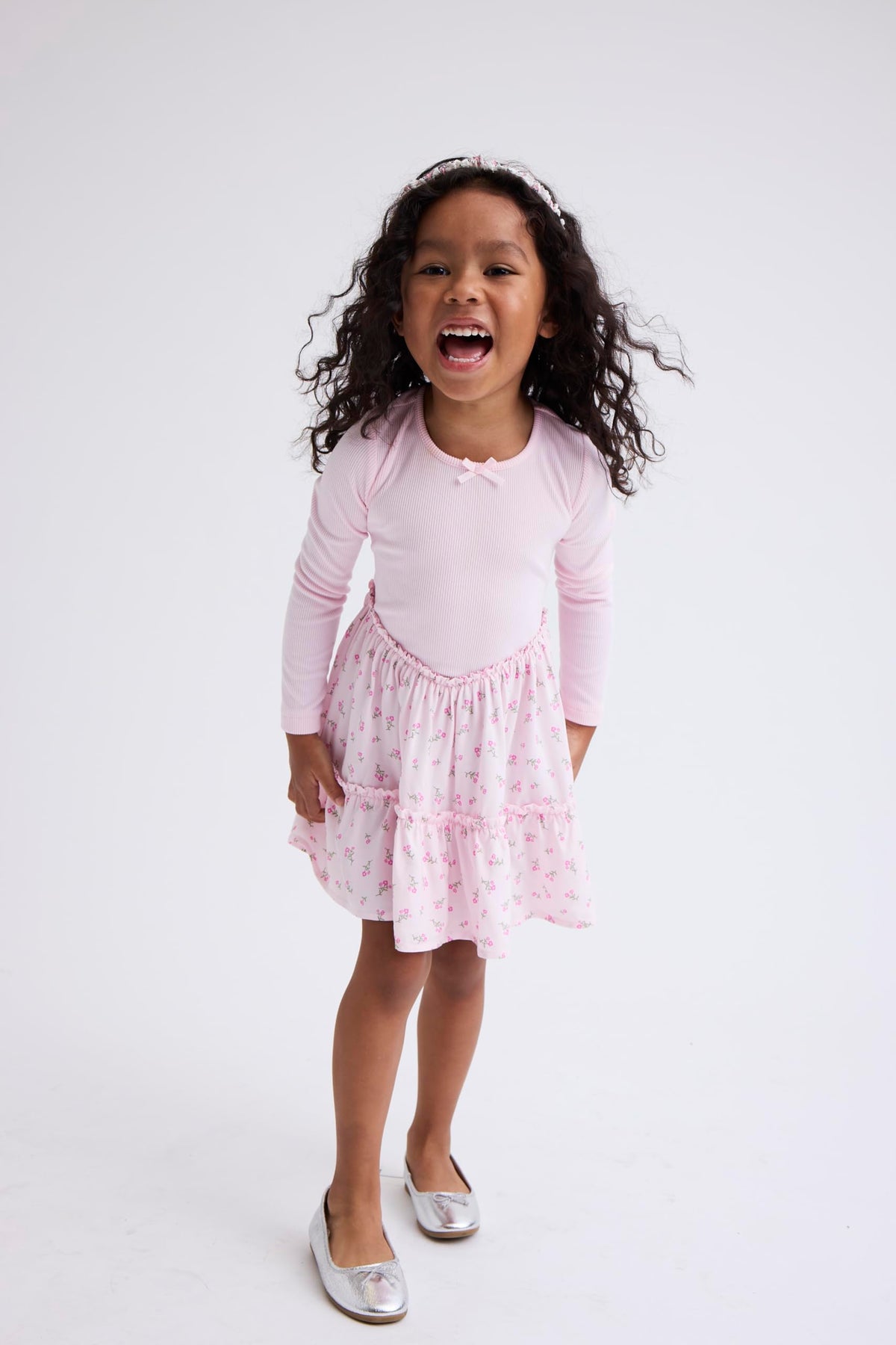 The Children's Place | Vestido Rosa Acanalado Falda Floral Escalonada Manga Larga Niña