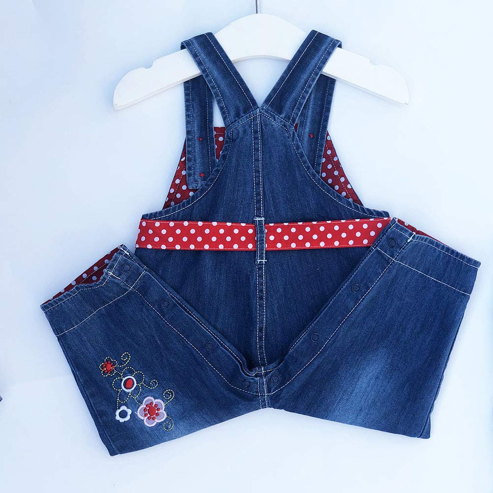 Overol Peto de Mezclilla Peacolate | Lazo + Ribete Rojo Lunares + Flor Bordada | Denim | Niña/Bebé (3M-3A)